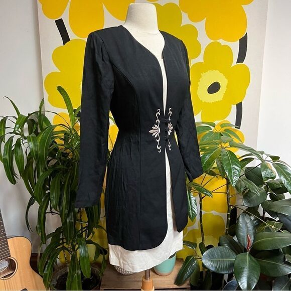 Vintage 1970s Shawl Colllar Twofer Embroidered Tie Back Mini Dress - Picture 2 of 8